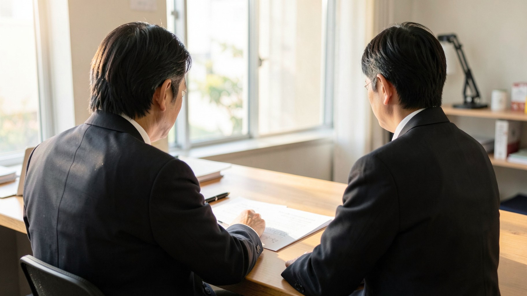 相談机で資料と業務分担のメモを確認する